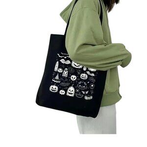 NWT Halloween Black Tote Bag with White Spooky Design - 13.8"x15.3"